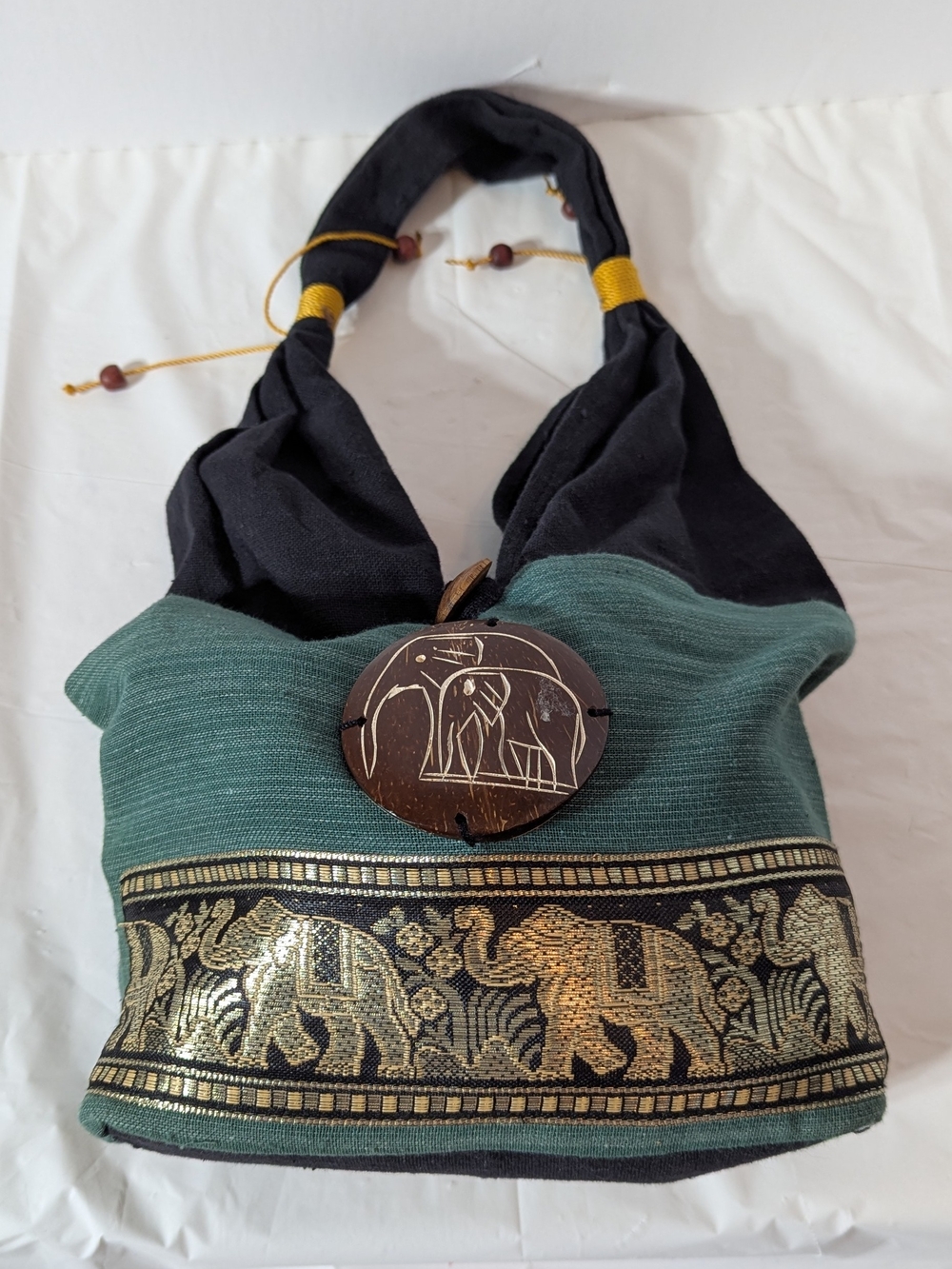Thai Green & Black w/Gold Trim  Elephant Design Hobo Bag
